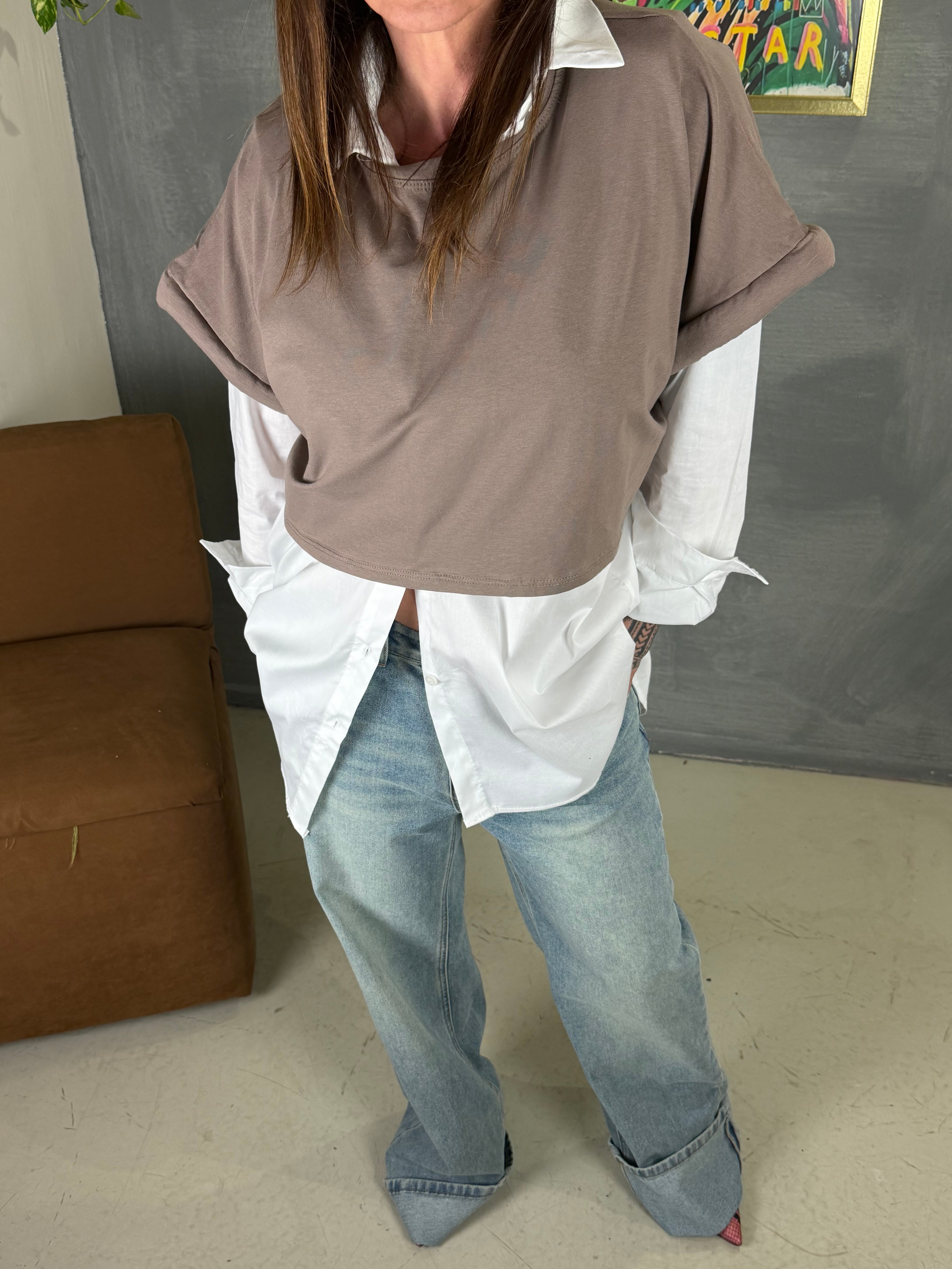 Maglia crop GUMMY mezza manica taupe