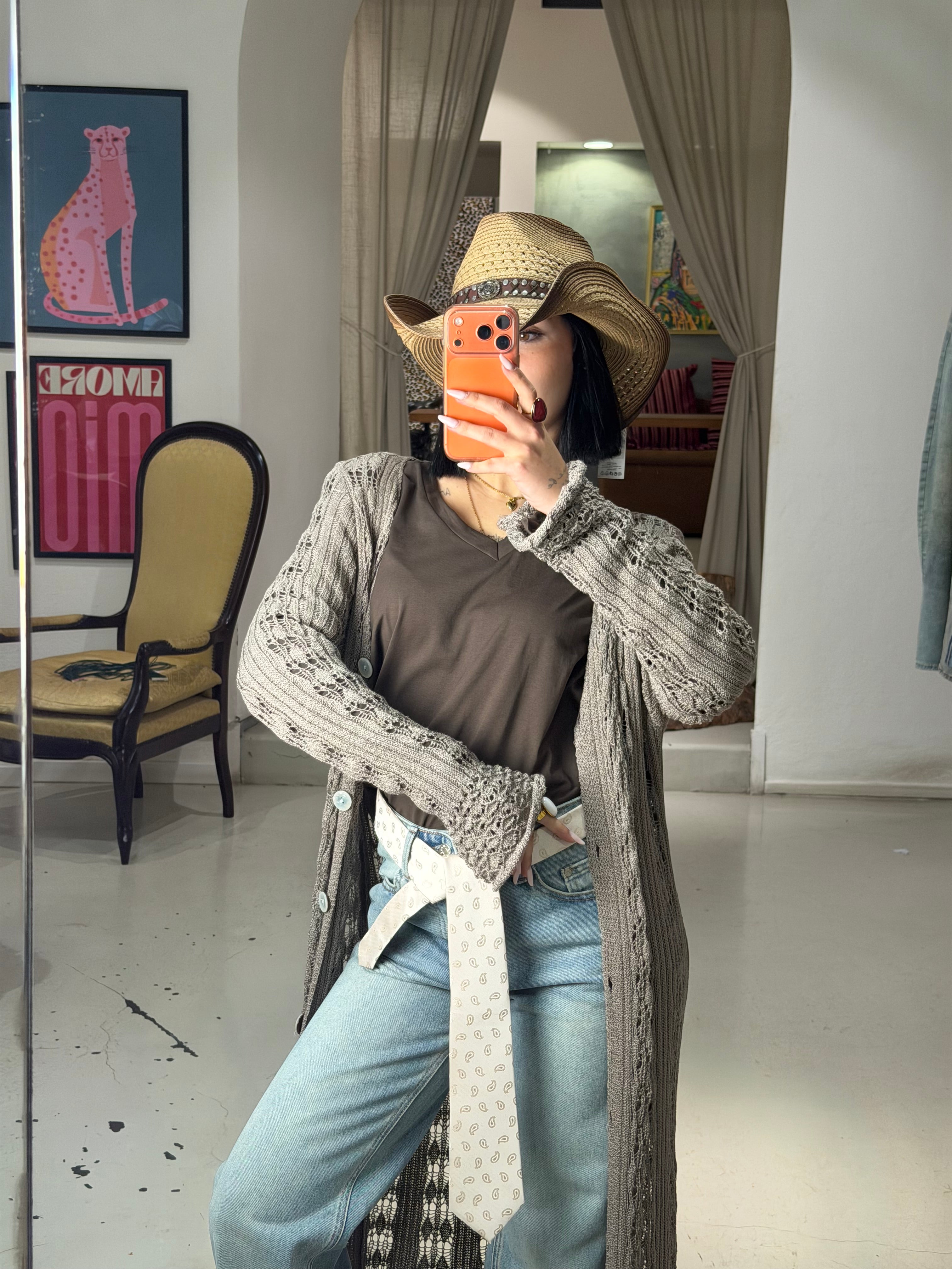 Cardigan lungo in maglia, traforata MURIEL fango