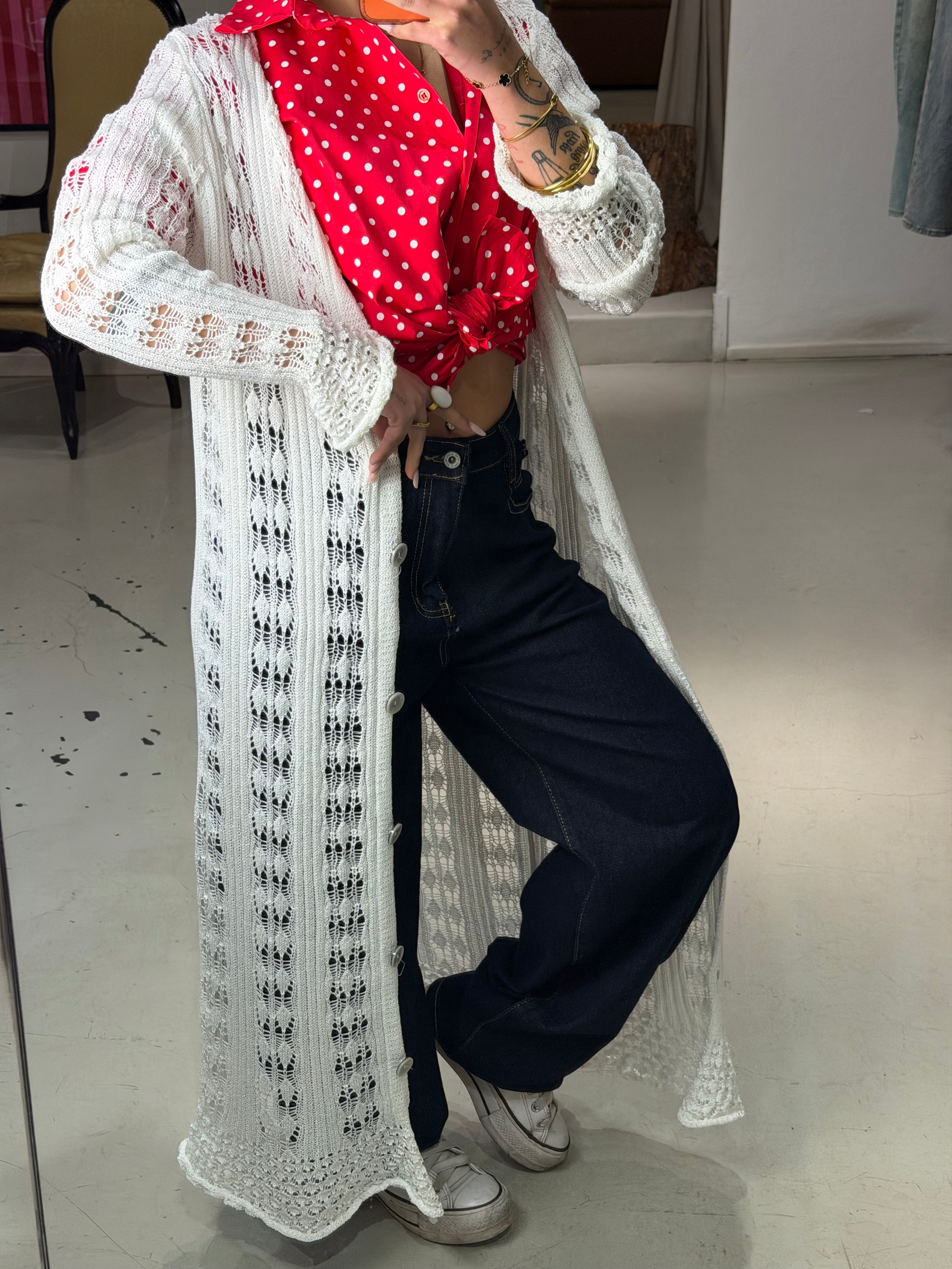 Cardigan lungo in maglia, traforata MURIEL bianco