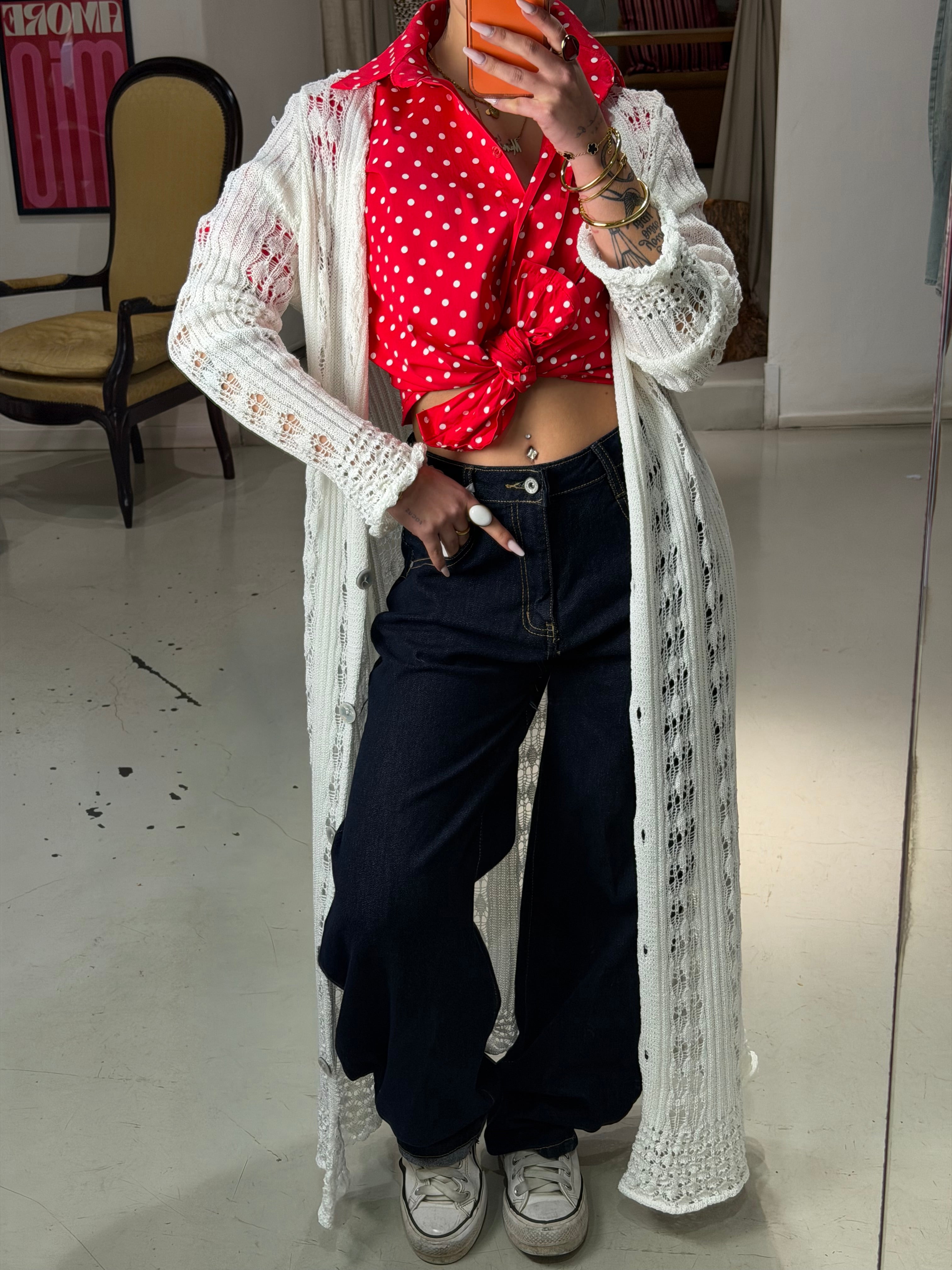 Cardigan lungo in maglia, traforata MURIEL bianco
