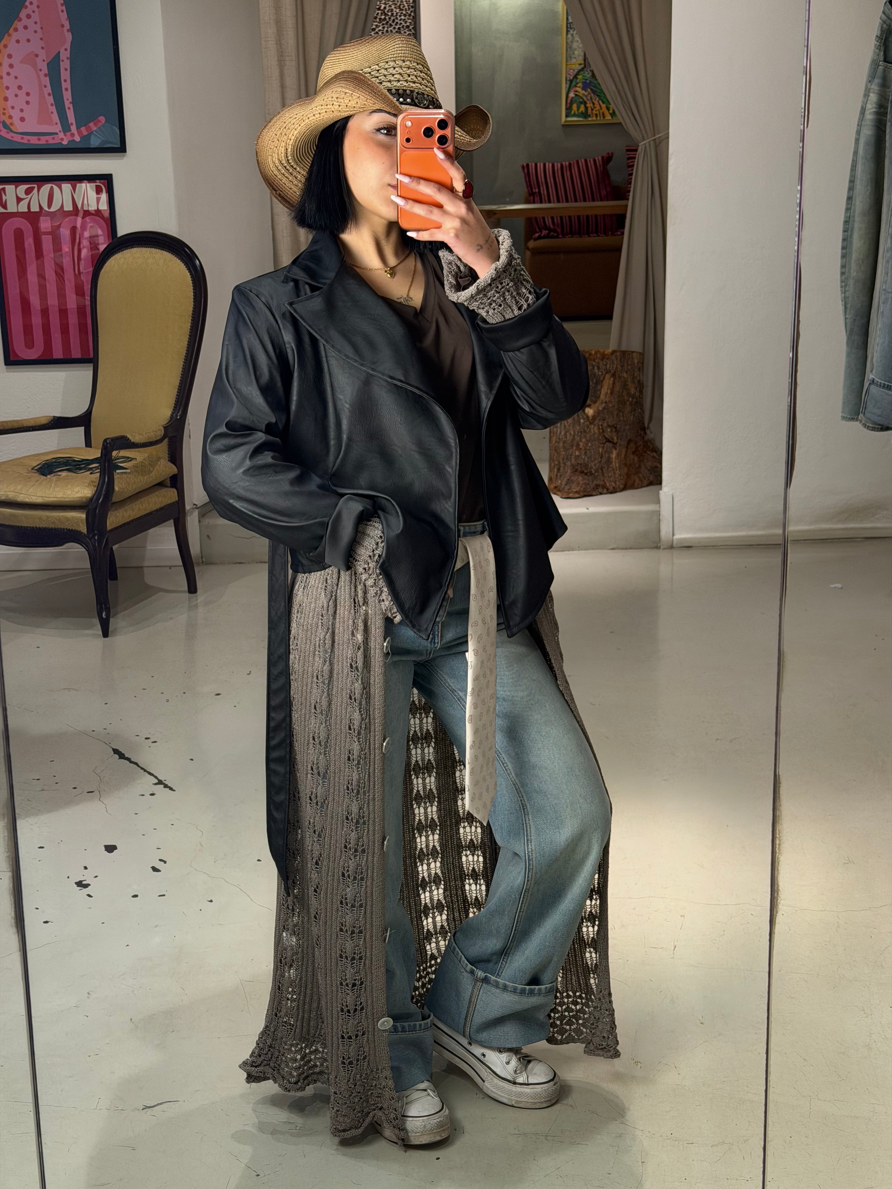 Cardigan lungo in maglia, traforata MURIEL fango