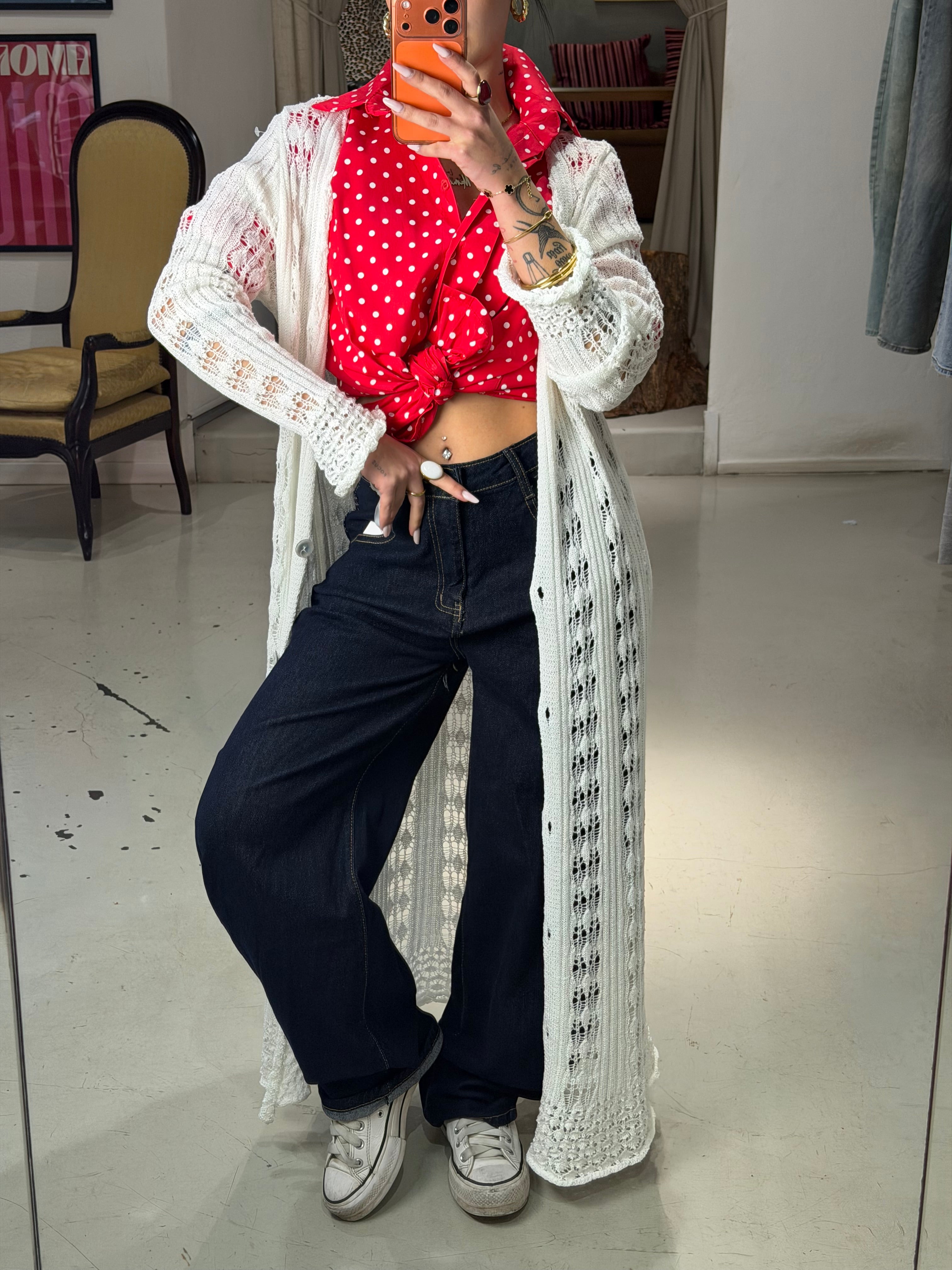 Cardigan lungo in maglia, traforata MURIEL bianco