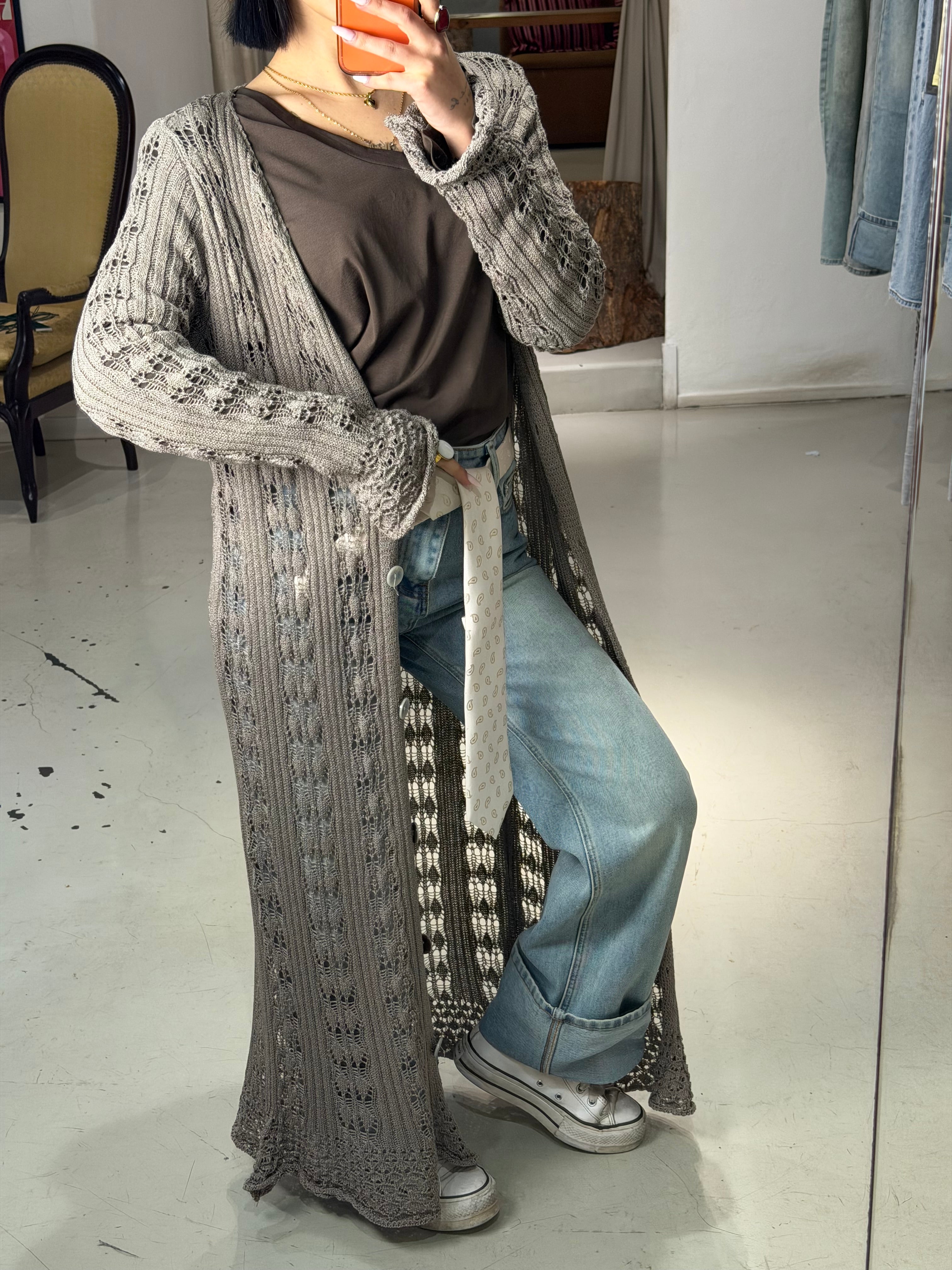 Cardigan lungo in maglia, traforata MURIEL fango